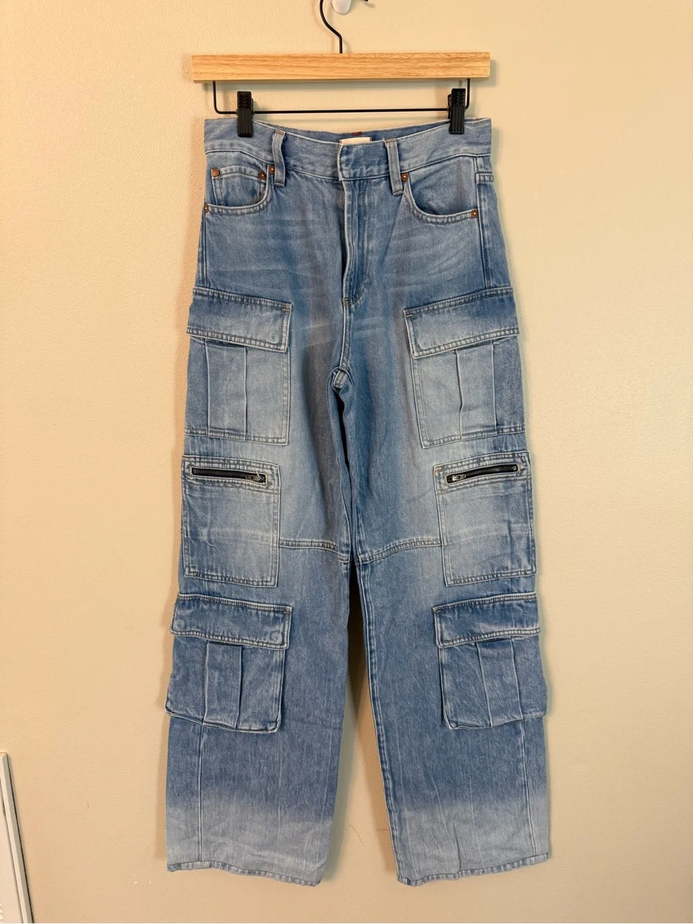 Alice + Olivia Cay Baggy Cargo Jeans Brea Blue Wide Leg Denim Size 28 - Picture 4 of 10